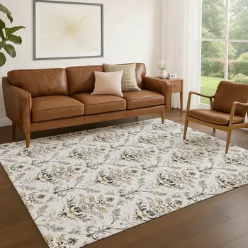 10' X 14' Silver Blue And Gray Damask Washable Indoor Outdoor Area Rug