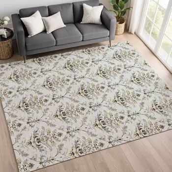 10' X 14' Silver Blue And Gray Damask Washable Indoor Outdoor Area Rug