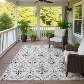 10' X 14' Silver Blue And Gray Damask Washable Indoor Outdoor Area Rug