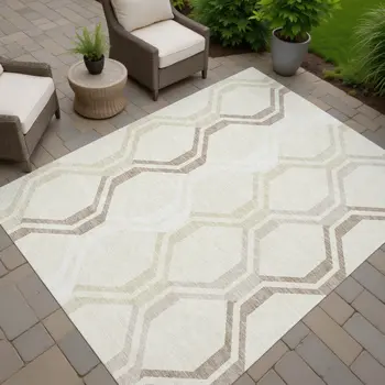 5' X 8' Beige And Brown Geometric Washable Indoor Outdoor Area Rug