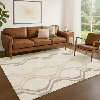 5' X 8' Beige And Brown Geometric Washable Indoor Outdoor Area Rug
