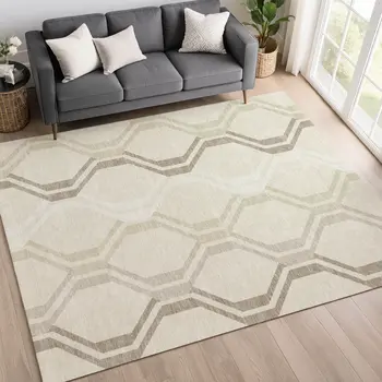 5' X 8' Beige And Brown Geometric Washable Indoor Outdoor Area Rug