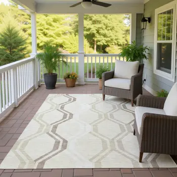 5' X 8' Beige And Brown Geometric Washable Indoor Outdoor Area Rug