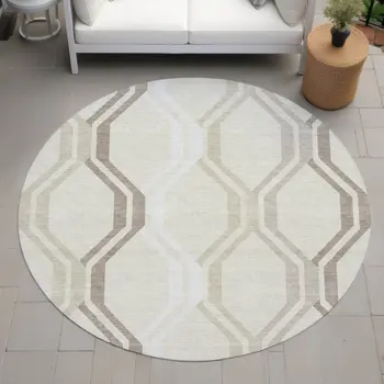 8' Beige And Brown Round Geometric Washable Indoor Outdoor Area Rug