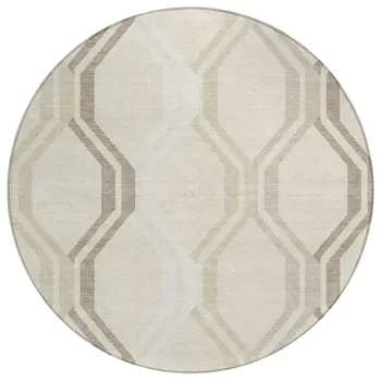 8' Beige And Brown Round Geometric Washable Indoor Outdoor Area Rug