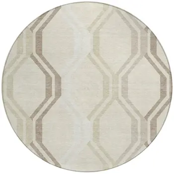 8' Beige And Brown Round Geometric Washable Indoor Outdoor Area Rug