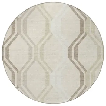 8' Beige And Brown Round Geometric Washable Indoor Outdoor Area Rug