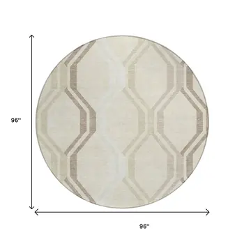8' Beige And Brown Round Geometric Washable Indoor Outdoor Area Rug