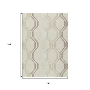 9' X 12' Beige And Brown Geometric Washable Indoor Outdoor Area Rug