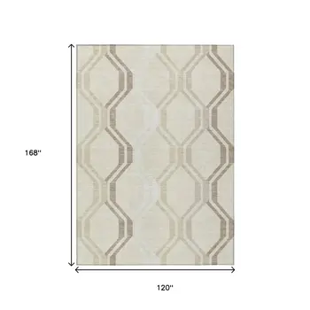 10' X 14' Beige And Brown Geometric Washable Indoor Outdoor Area Rug