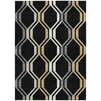 3' X 5' Black Beige And Gray Geometric Washable Indoor Outdoor Area Rug