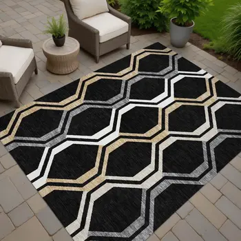 3' X 5' Black Beige And Gray Geometric Washable Indoor Outdoor Area Rug