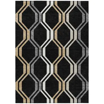 3' X 5' Black Beige And Gray Geometric Washable Indoor Outdoor Area Rug