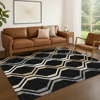 3' X 5' Black Beige And Gray Geometric Washable Indoor Outdoor Area Rug