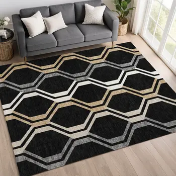 3' X 5' Black Beige And Gray Geometric Washable Indoor Outdoor Area Rug