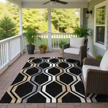 5' X 8' Black Beige And Gray Geometric Washable Indoor Outdoor Area Rug