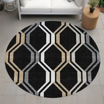 8' Black Beige And Gray Round Geometric Washable Indoor Outdoor Area Rug