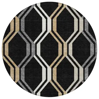 8' Black Beige And Gray Round Geometric Washable Indoor Outdoor Area Rug