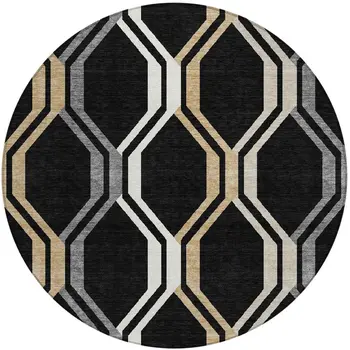 8' Black Beige And Gray Round Geometric Washable Indoor Outdoor Area Rug