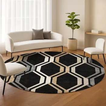 8' Black Beige And Gray Round Geometric Washable Indoor Outdoor Area Rug