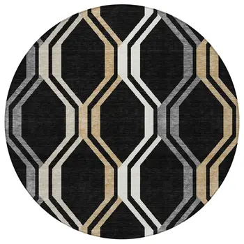 8' Black Beige And Gray Round Geometric Washable Indoor Outdoor Area Rug