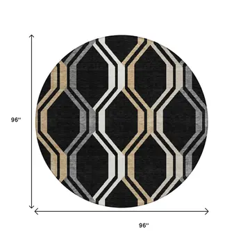 8' Black Beige And Gray Round Geometric Washable Indoor Outdoor Area Rug