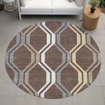 8' Chocolate Gray And Ivory Round Geometric Washable Indoor Outdoor Area Rug
