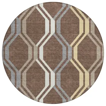 8' Chocolate Gray And Ivory Round Geometric Washable Indoor Outdoor Area Rug