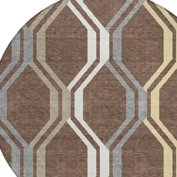 8' Chocolate Gray And Ivory Round Geometric Washable Indoor Outdoor Area Rug