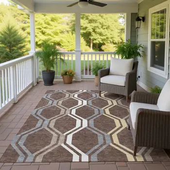 9' X 12' Chocolate Gray And Ivory Geometric Washable Indoor Outdoor Area Rug