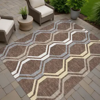 10' X 14' Chocolate Gray And Ivory Geometric Washable Indoor Outdoor Area Rug