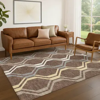 10' X 14' Chocolate Gray And Ivory Geometric Washable Indoor Outdoor Area Rug