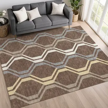 10' X 14' Chocolate Gray And Ivory Geometric Washable Indoor Outdoor Area Rug