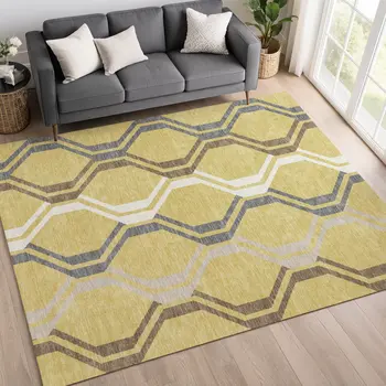 5' X 8' Gold Gray And Ivory Geometric Washable Indoor Outdoor Area Rug