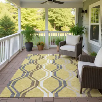 5' X 8' Gold Gray And Ivory Geometric Washable Indoor Outdoor Area Rug