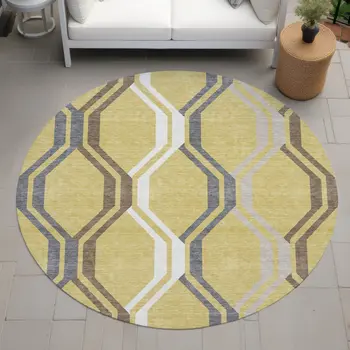 8' Gold Gray And Ivory Round Geometric Washable Indoor Outdoor Area Rug