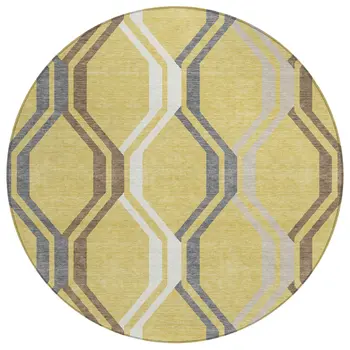 8' Gold Gray And Ivory Round Geometric Washable Indoor Outdoor Area Rug