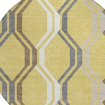 8' Gold Gray And Ivory Round Geometric Washable Indoor Outdoor Area Rug
