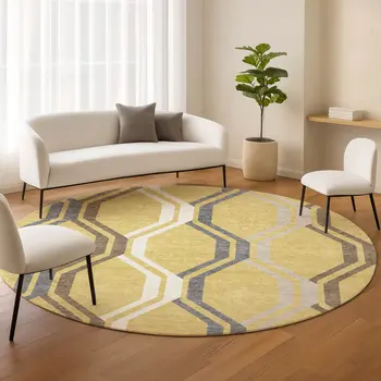 8' Gold Gray And Ivory Round Geometric Washable Indoor Outdoor Area Rug