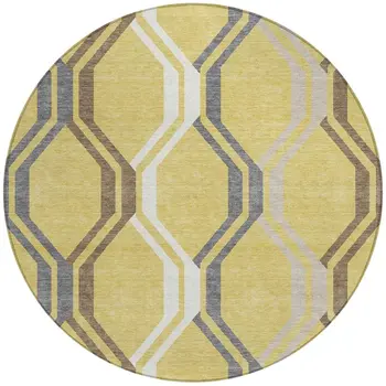 8' Gold Gray And Ivory Round Geometric Washable Indoor Outdoor Area Rug