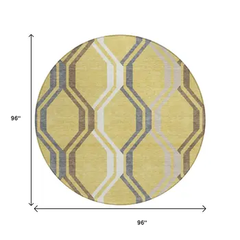 8' Gold Gray And Ivory Round Geometric Washable Indoor Outdoor Area Rug