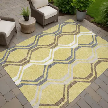 10' X 14' Gold Gray And Ivory Geometric Washable Indoor Outdoor Area Rug