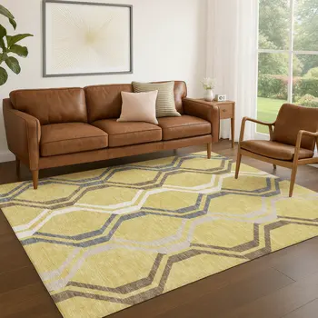 10' X 14' Gold Gray And Ivory Geometric Washable Indoor Outdoor Area Rug