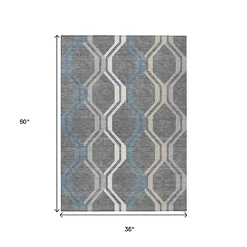 3' X 5' Gray Blue And Ivory Geometric Washable Indoor Outdoor Area Rug