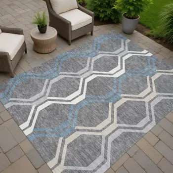 8' X 10' Gray Blue And Ivory Geometric Washable Indoor Outdoor Area Rug