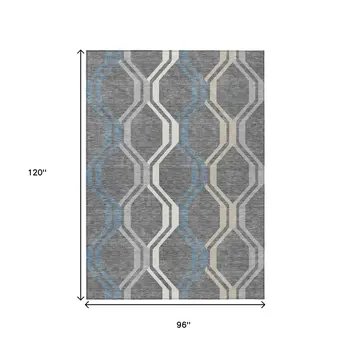 8' X 10' Gray Blue And Ivory Geometric Washable Indoor Outdoor Area Rug
