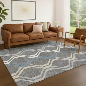 8' X 10' Gray Blue And Ivory Geometric Washable Indoor Outdoor Area Rug