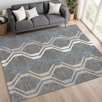 8' X 10' Gray Blue And Ivory Geometric Washable Indoor Outdoor Area Rug