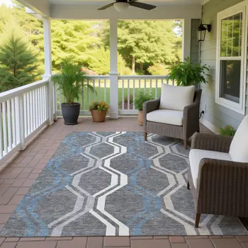 8' X 10' Gray Blue And Ivory Geometric Washable Indoor Outdoor Area Rug
