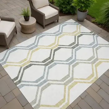 3' X 5' Ivory Gray And Wheat Geometric Washable Indoor Outdoor Area Rug